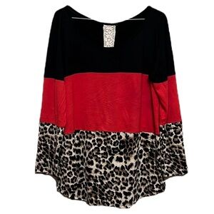 Leopard Print, Scoop Neckline Top, Long Sleeve Top, Multi Colors, Size Large